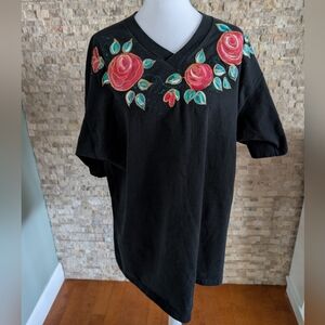 Vintage 80s Hand Painted Fruit of Loom Lofteez Black Rose Floral T-Shirt XL USA